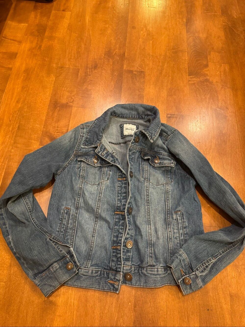 Vintage Y2K Mudd Juniors L Denim Jean Jacket Fitted Distressed Wash 2000s